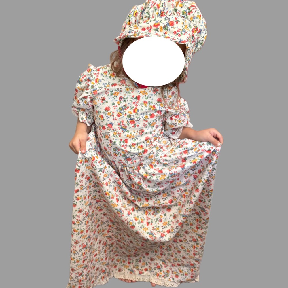 70’s Girls Handmade Prairie Dress with Matching Bonnet
